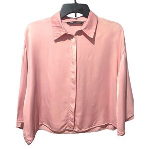 Zara Women's Short Sleeve Satin Blouse Dusty Pink